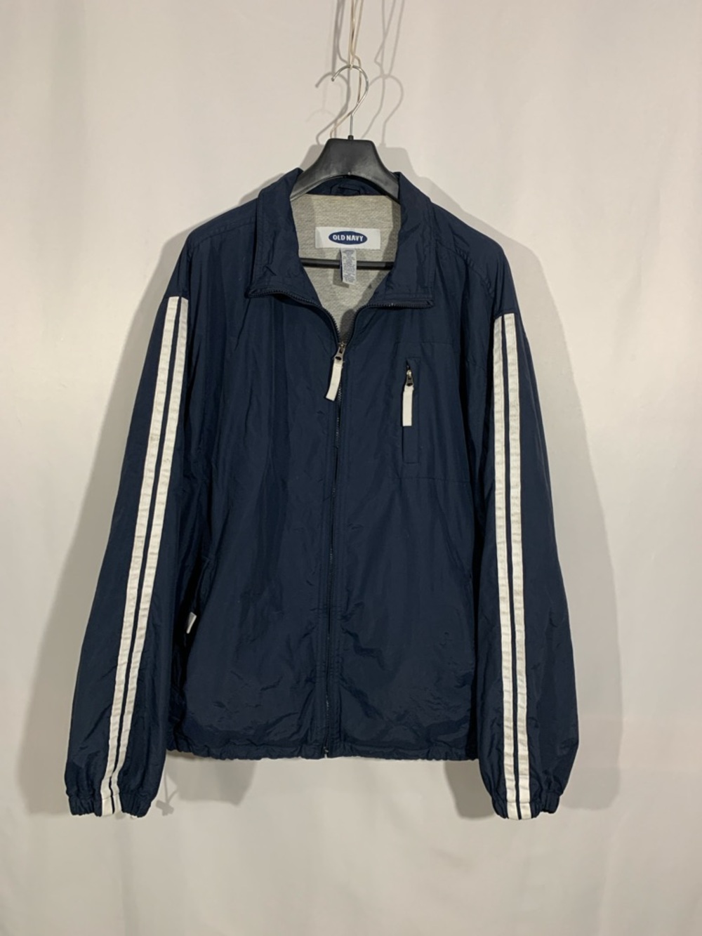 Old Navy Navy Windbreaker with White Sleeve Stripes